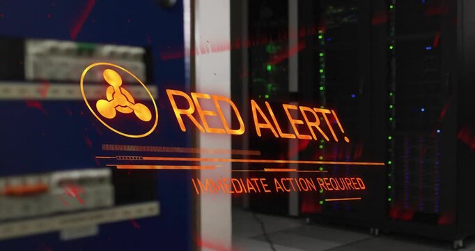 Anomaly detection activating node icon in racks, overlay morphing into RED ALERT ACTION REQUIRED