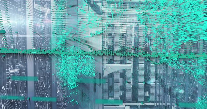 Diagnostic flickering launching green particles forming sphere then dispersing showing data flow