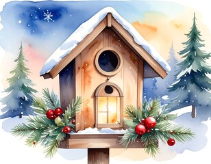 Watercolor winter birdhouse scene