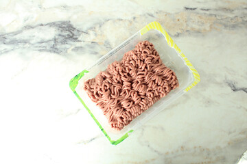 Preparation of products. Minced meat in tray. Saving time in the kitchen