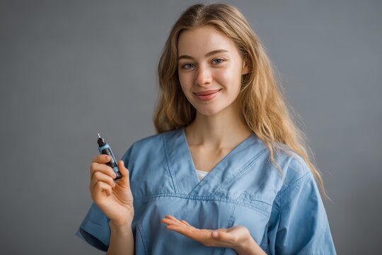 Diabetic girl doctor demonstrates lancet pen for blood sugar testing in a clinical setting during daylight hours - Powered by Adobe