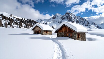Snowy alpine huts nestled in a pristine winter landscape