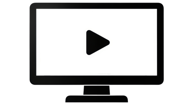 Isolated computer monitor display with a play symbol, screen, play button, video content