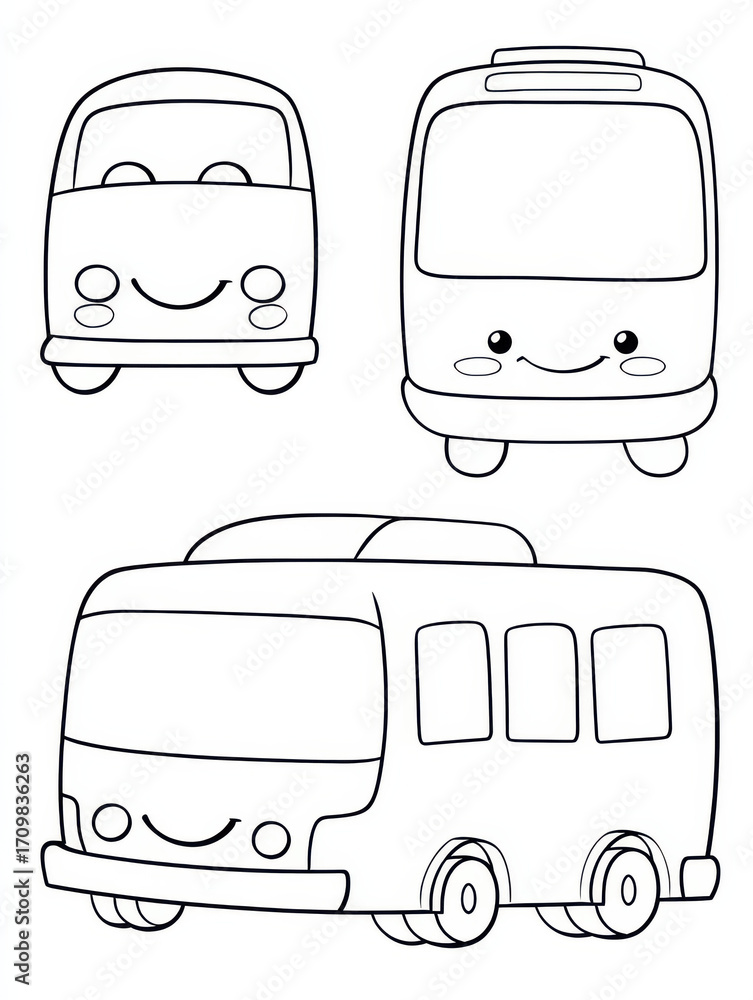 Poster charming bus illustration: an adorable illustration of three smiling buses, each with a unique desig