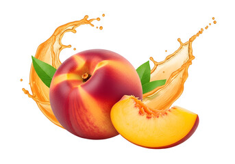 A juicy peach with a splash of its own vibrant juice, showcasing the fruit's beautiful color gradients and refreshing essence against a stark black backdrop.