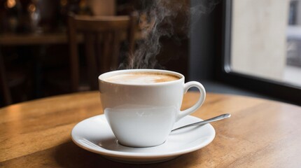 Steaming cup of coffee on a wooden café table. Warm daylight, cozy atmosphere, soft steam rising, professional 35mm photography style, perfect for branding, lifestyle, and food concepts.