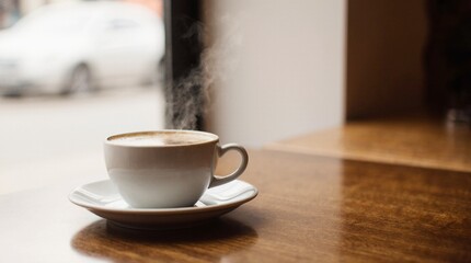 Steaming cup of coffee on a wooden café table. Warm daylight, cozy atmosphere, soft steam rising, professional 35mm photography style, perfect for branding, lifestyle, and food concepts.