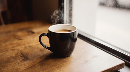 Steaming cup of coffee on a wooden café table. Warm daylight, cozy atmosphere, soft steam rising,...