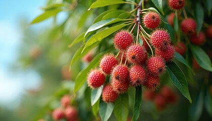 Closeup of ripe red lychee fruits hanging on green leafy tree branch. Sweet, juicy tropical fruits, abundant in vitamins, summer harvest from Southeast Asian agriculture. Exotic, natural, organic