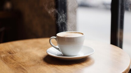 Steaming cup of coffee on a wooden café table. Warm daylight, cozy atmosphere, soft steam rising, professional 35mm photography style, perfect for branding, lifestyle, and food concepts.