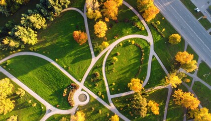 Aerial view of a city park with winding paths and autumn trees