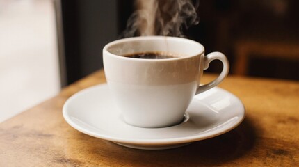 Steaming cup of coffee on a wooden café table. Warm daylight, cozy atmosphere, soft steam rising, professional 35mm photography style, perfect for branding, lifestyle, and food concepts.