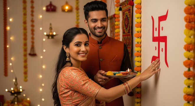 happy young indian couple celebrating diwali festival together at home