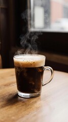 Steaming cup of coffee on a wooden café table. Warm daylight, cozy atmosphere, soft steam rising, professional 35mm photography style, perfect for branding, lifestyle, and food concepts.