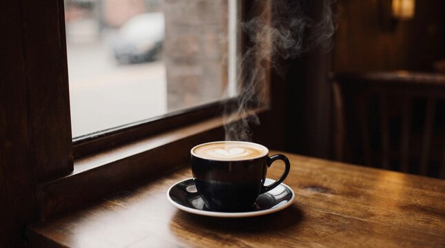 Steaming cup of coffee on a wooden caf&eacute; table. Warm daylight, cozy atmosphere, soft steam rising, professional 35mm photography style, perfect for branding, lifestyle, and food concepts.
