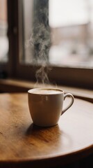 Steaming cup of coffee on a wooden café table. Warm daylight, cozy atmosphere, soft steam rising, professional 35mm photography style, perfect for branding, lifestyle, and food concepts.