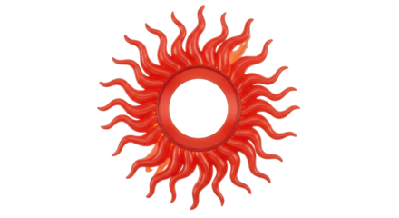 Isolated Red sunburst with a hole at its center, a decorative element casting orange shadows