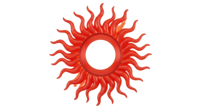 Isolated Red sunburst with a hole at its center, a decorative element casting orange shadows