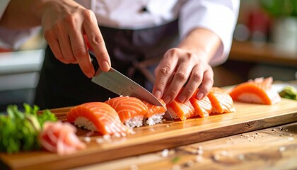 Close-up of a sushi chef slicing fresh fish with precision.