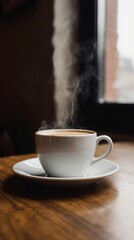 Steaming cup of coffee on a wooden café table. Warm daylight, cozy atmosphere, soft steam rising, professional 35mm photography style, perfect for branding, lifestyle, and food concepts.