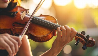 Close-up of a violinist’s hands playing passionately in soft light.