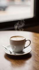 Steaming cup of coffee on a wooden café table. Warm daylight, cozy atmosphere, soft steam rising, professional 35mm photography style, perfect for branding, lifestyle, and food concepts.