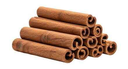 Isolated heap of aromatic cinnamon sticks for flavoring drinks and baking in autumn season