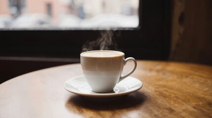 Steaming cup of coffee on a wooden café table. Warm daylight, cozy atmosphere, soft steam rising,...