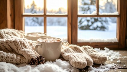 Cozy winter scene with hot cocoa, mittens, and a snowy window view.