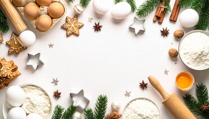 Flat-lay of baking ingredients- flour, eggs, rolling pin, and cookie cutters.