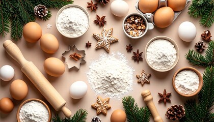 Flat-lay of baking ingredients- flour, eggs, rolling pin, and cookie cutters.