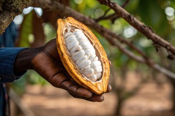 Farmer’s hand holding freshly cut cocoa pod,