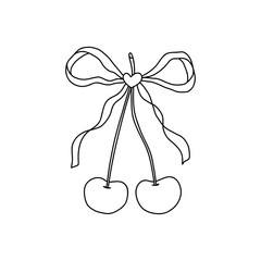 Whimsical coquette-style doodle cherry with bow ribbon, black on white. Playful and elegant, ideal for invitations, logos, or crafts. Hand-drawn charm with romantic flair. Vector illustration