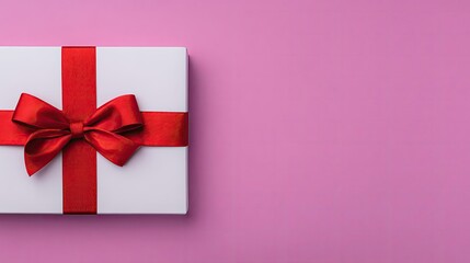 White gift box with red ribbon bow on pink background