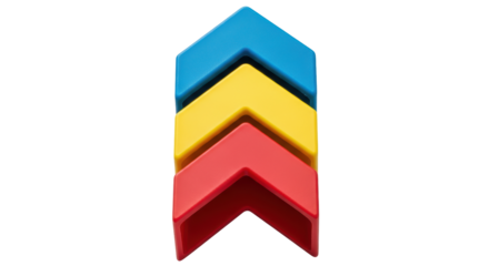 Isolated stack of colorful arrow-shaped blocks in shades of blue, yellow, and red, view up