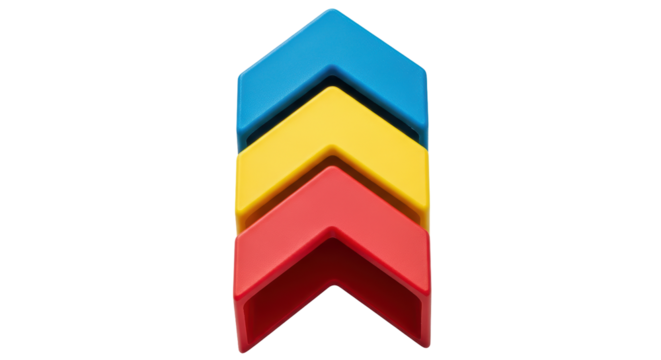 Isolated stack of colorful arrow-shaped blocks in shades of blue, yellow, and red, view up
