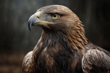 Obraz premium Eagle portrait showcasing intricate feather details and powerful gaze in natural setting during daylight hours, capturing the essence of this majestic bird in wildlife
