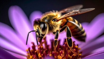 Macro shot of a honeybee pollinating a vibrant purple flower