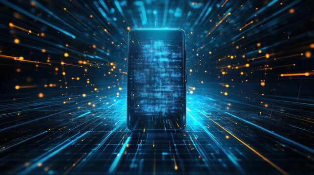 Smartphone in digital data stream. Abstract, futuristic, mobile device, code, glowing lines, technological, digital, network, light trails