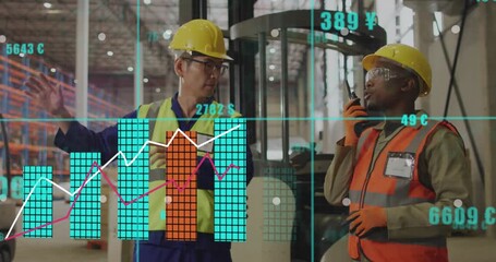 Warehouse team starting logistics talk by forklift activating AR charts and confirming racks - Powered by Adobe
