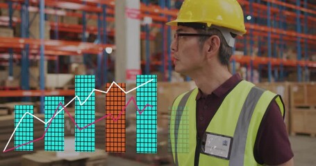 Warehouse worker surveying racks with data driving bar and line graphs expanding for stock analysis - Powered by Adobe