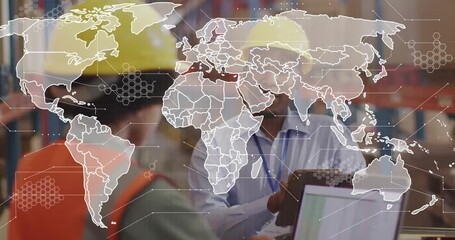 Coordinator tapping tablet and lead viewing laptop causing animated map showing logistics routes - Powered by Adobe