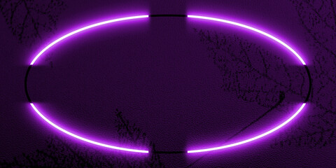 Vibrant neon purple frame centered against dark textured background adorned with subtle leaf pattern. Bright glowing outline creates striking contrast with deep moody purple surface and add natural