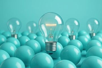 Illuminating Innovation: An incandescent light bulb, illuminated in a sea of spherical turquoise spheres, symbolizes a brilliant idea, a spark of creativity and uniqueness.