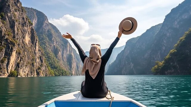 Joyful female traveler with arms outstretched enjoys a breathtaking boat tour through a majestic mountain gorge on a sunny day