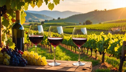 Rustic vineyard scene with wine glasses and rolling hills in the background