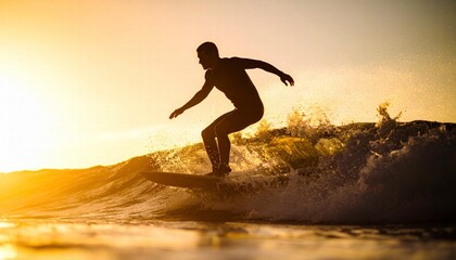 Silhouette of a surfer riding a wave at golden hour