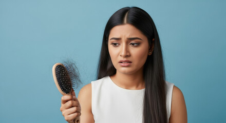 young indian woman holding hair brush suffering from hair fall