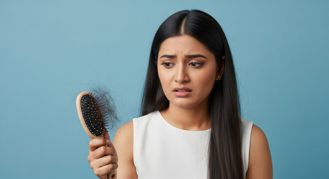 young indian woman holding hair brush suffering from hair fall