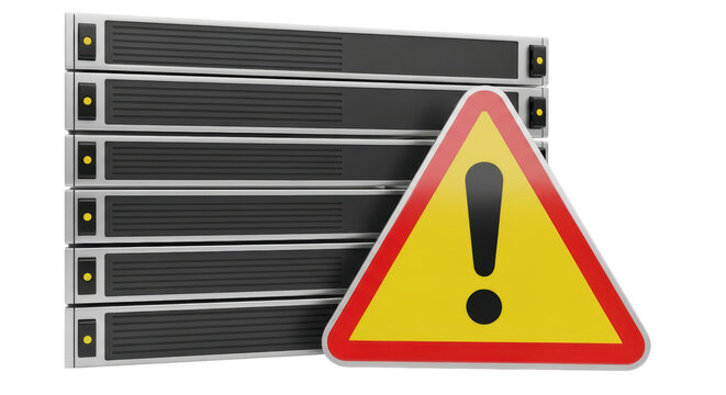 Isolated server stack with yellow warning sign indicating danger, network error or security alert